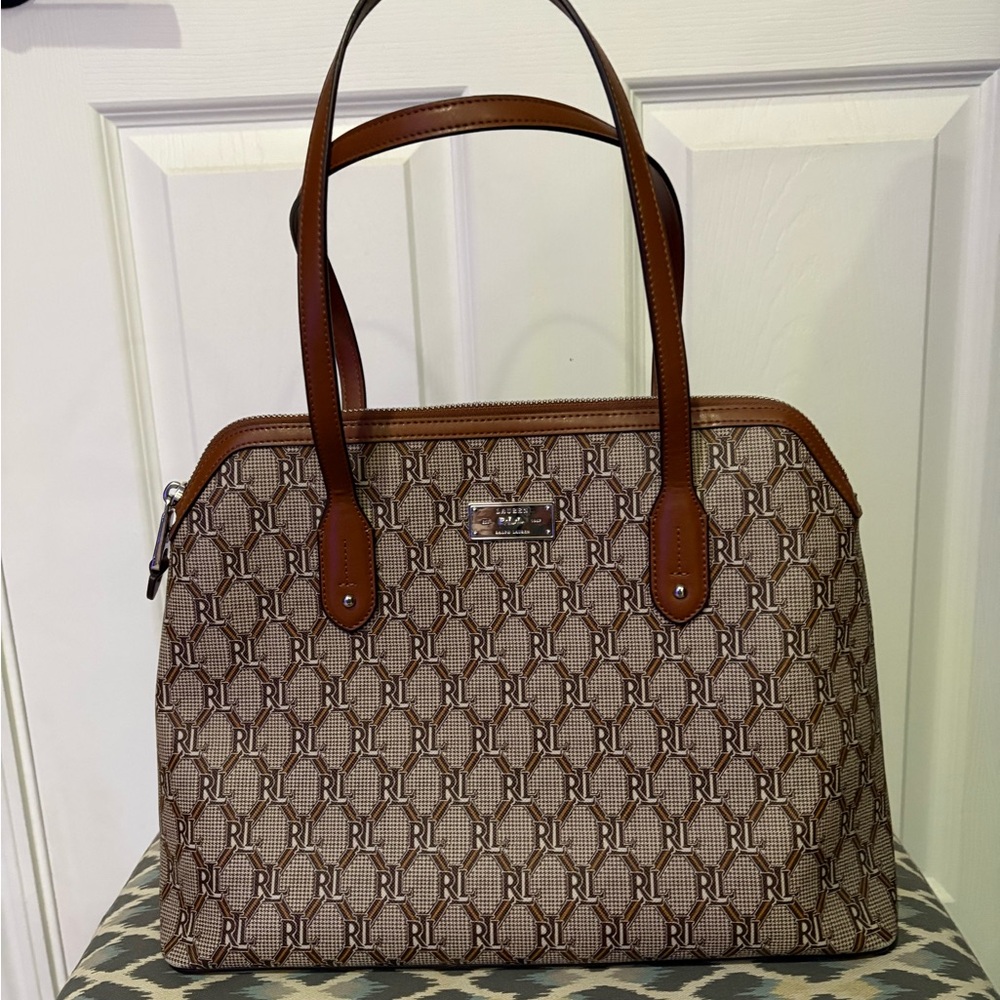 EUC Ralph Lauren Heston Tan and Brown Monogram Satchel